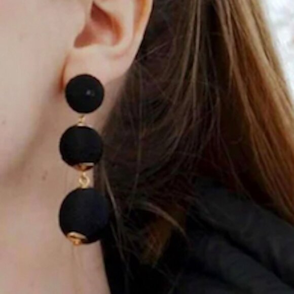 Triple Ball Drop Dangling Earrings Black and Gold - Picture 2 of 7